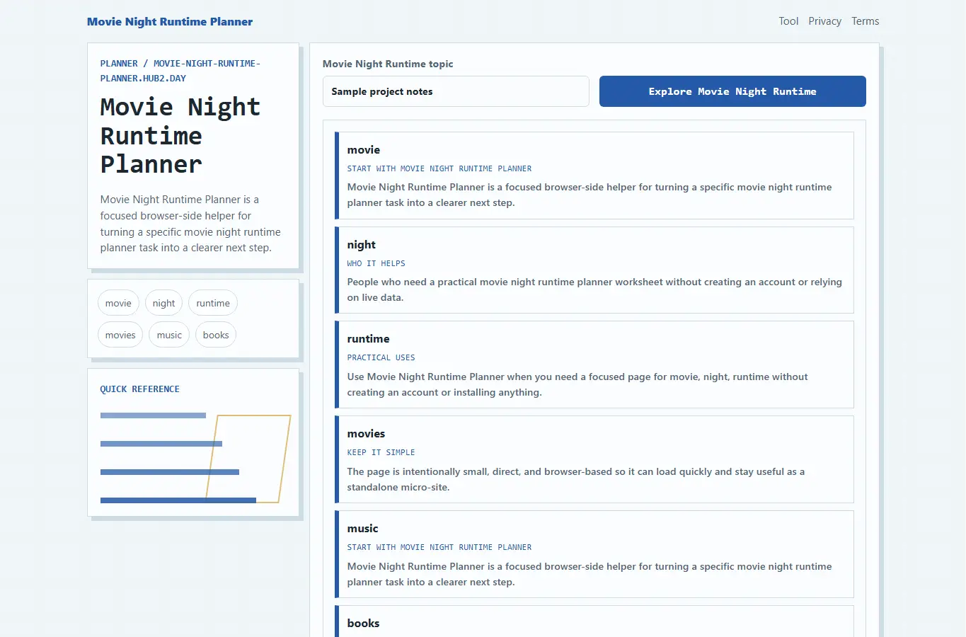 Screenshot of Movie Night Runtime Planner interface showing the project page in use